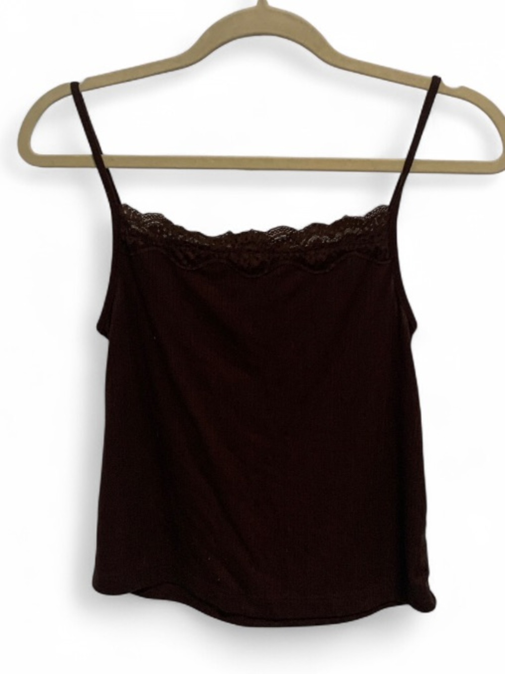 Auden Brown Ribbed Lace Trim Square Neck Cami Tank Top